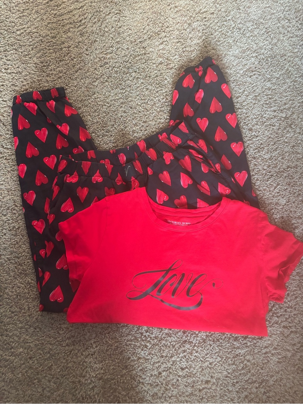 Victoria's Secret Red Tee and Black Heart-Print Pajama Pants